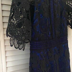 Simons Contemporaine Collection - black lace overlay over blue dress for a party